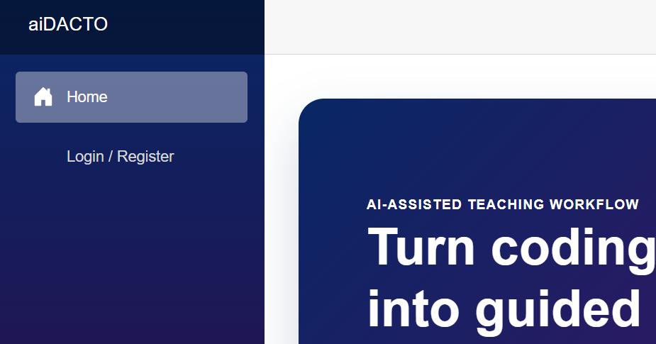 aiDACTO navigation showing the Login / Register option below Home.