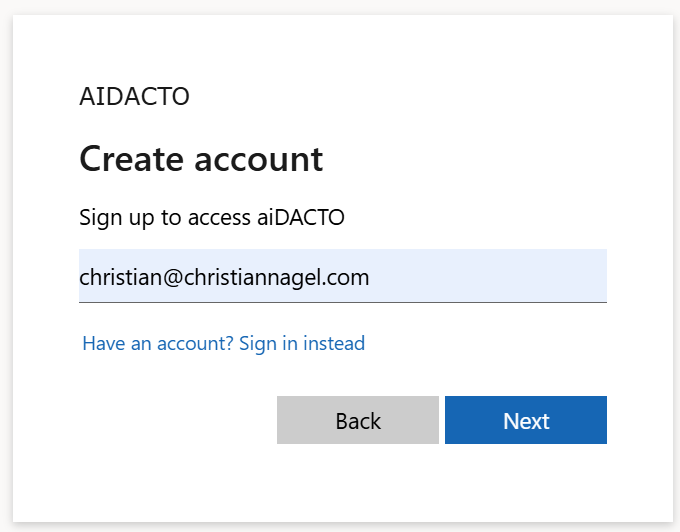 Create account page with an email address entered and a Next button.