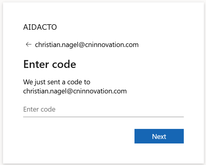 Email verification page showing the Enter code field and Next button.