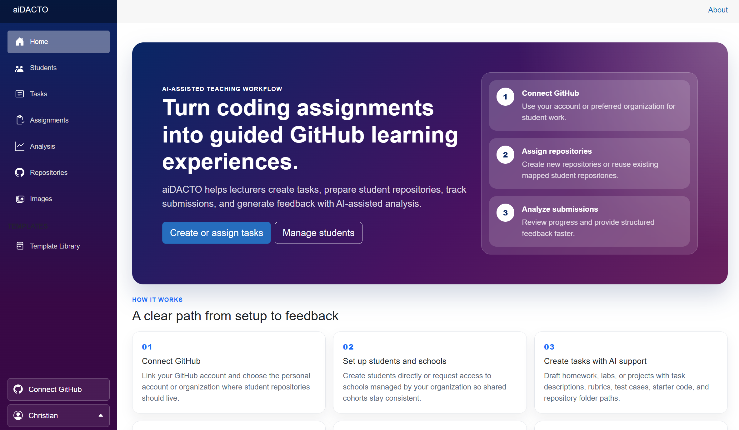 aiDACTO home page after sign-in, with additional navigation menus, Connect GitHub, and the account menu.