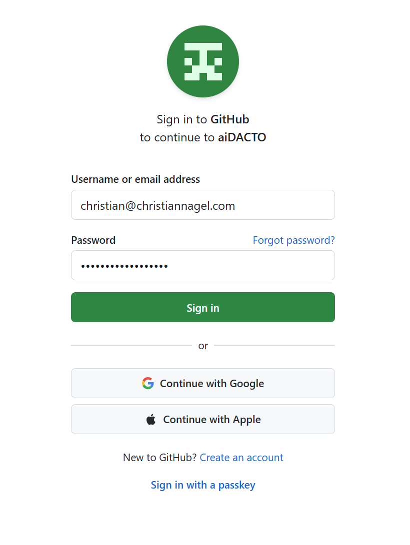 GitHub sign-in page asking you to sign in to continue to aiDACTO.