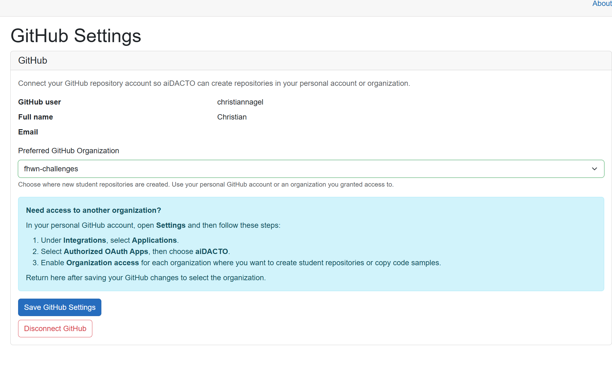 aiDACTO GitHub Settings showing the preferred organization selector, organization-access instructions, and Save GitHub Settings button.