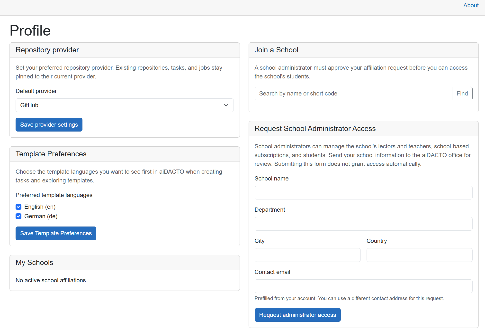 Profile page showing GitHub as the repository provider, English and German template preferences, My Schools, Join a School, and Request School Administrator Access.
