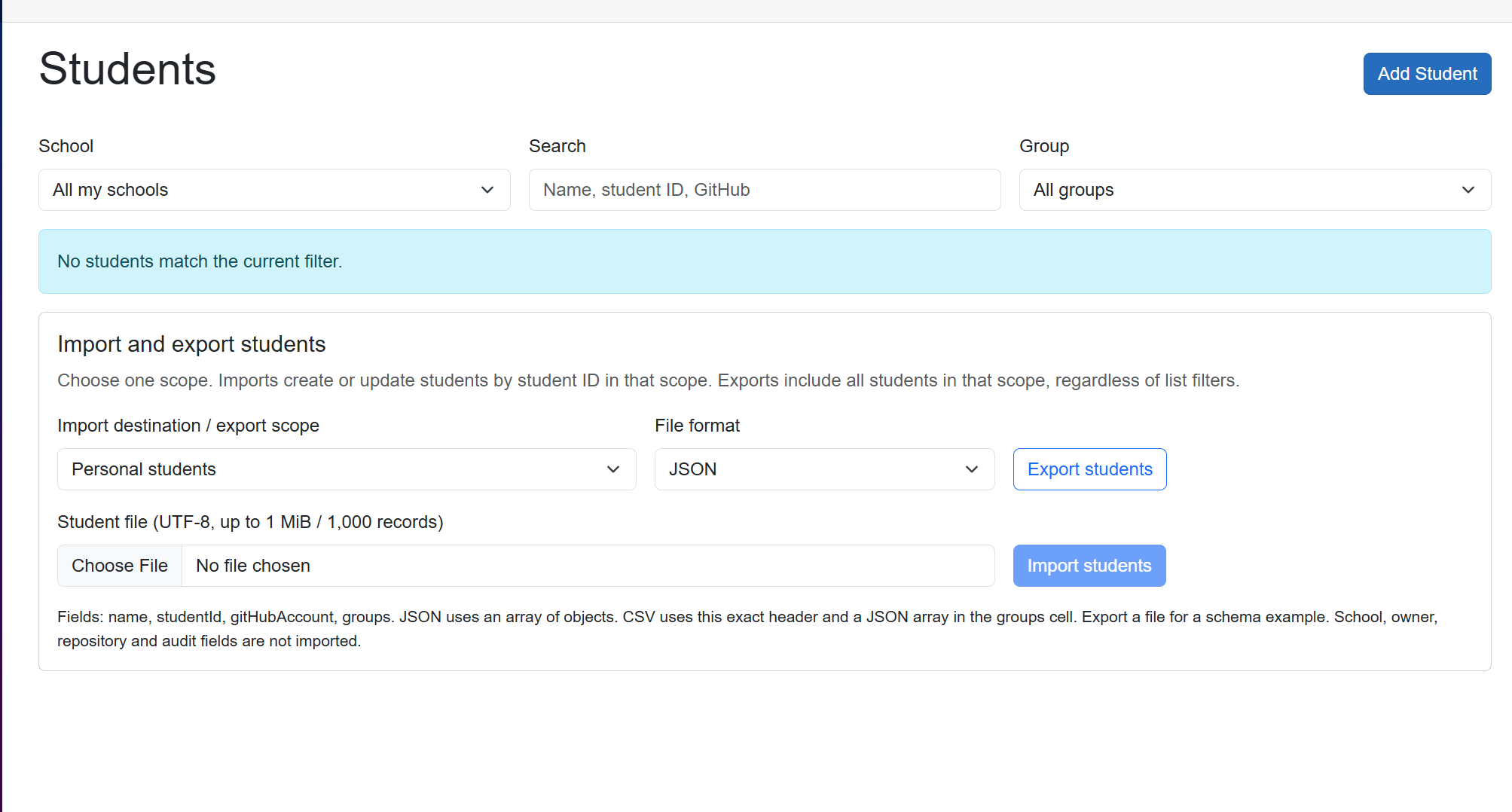 Students page with no students listed, filters for school, name or student ID, and group, and an Add Student button.