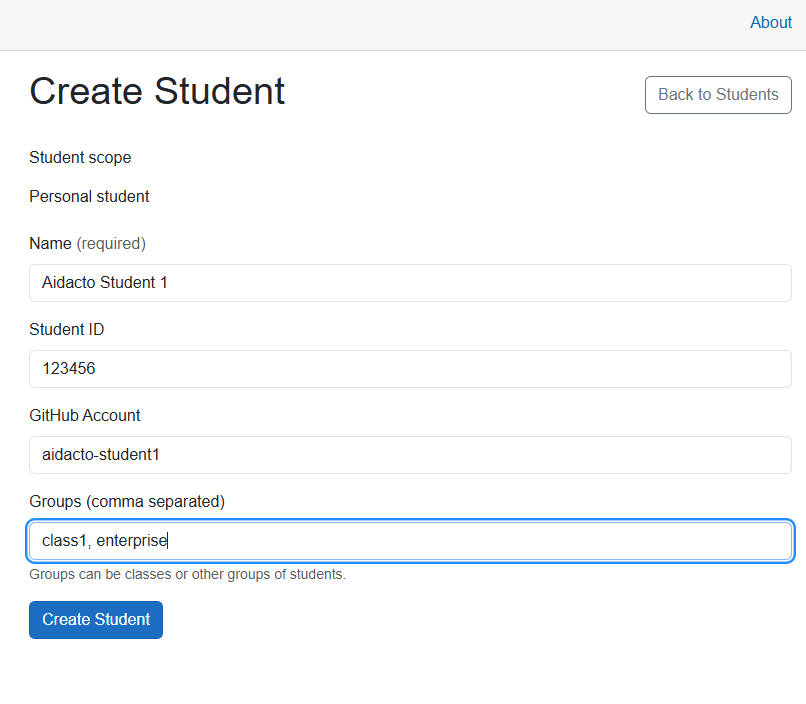 Create Student form showing fields for a personal student's name, student ID, GitHub account, and comma-separated groups.
