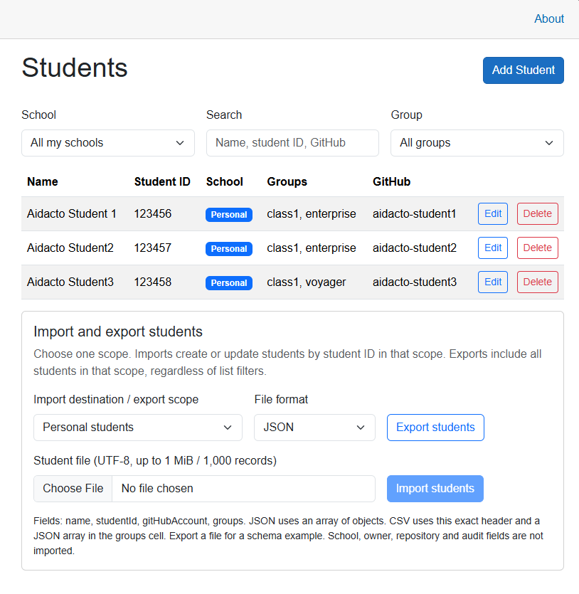 Students page listing personal students with their IDs, groups, and GitHub accounts, plus search, group filter, and import and export controls.