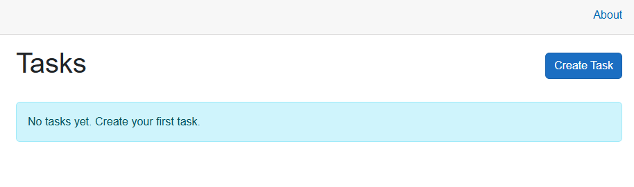 Tasks page with no tasks available and a Create Task button.