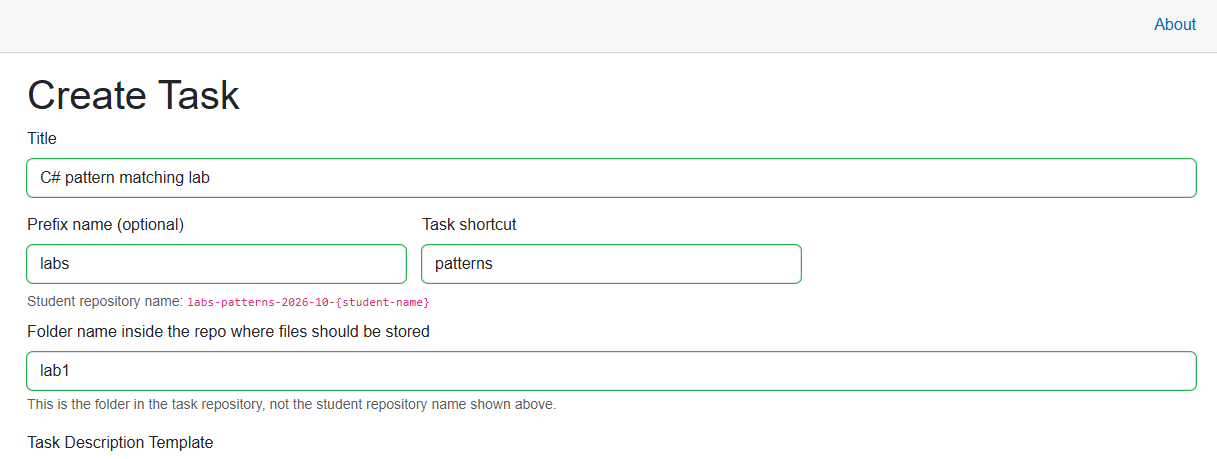 Task details with title C# pattern matching lab, prefix labs, shortcut patterns, repository-name preview, and folder lab1.