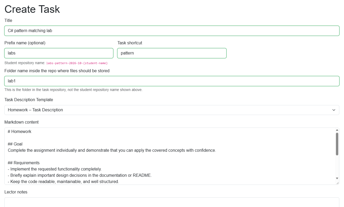 Markdown content populated after selecting the Homework task description template.