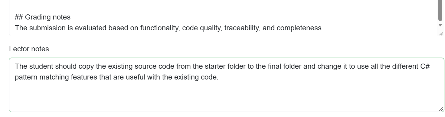 Lector notes describing how students should refactor the starter code using C# pattern matching.