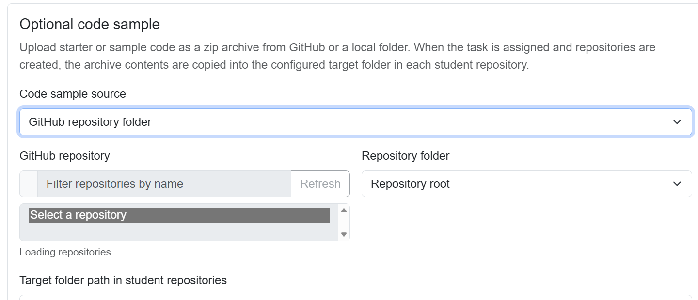 Optional code samples area while the GitHub repository list is loading.