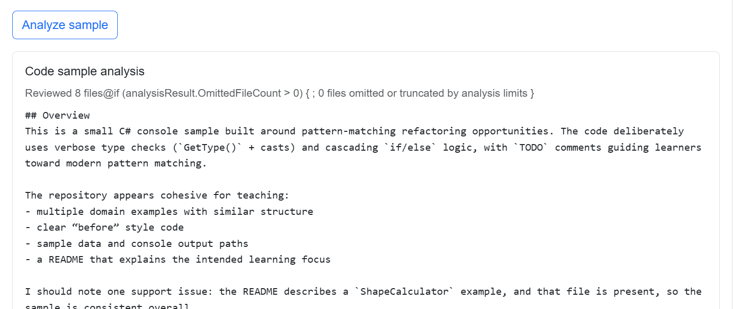 Code sample analysis describing opportunities to refactor a C# sample using pattern matching.