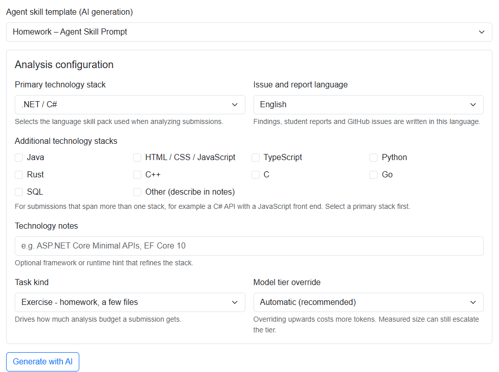 Homework agent skill template and analysis configuration with .NET / C#, English, Exercise task kind, and automatic model tier selected.