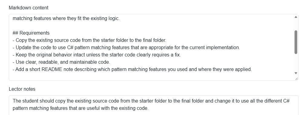 Markdown content containing the generated instructions for the C# pattern matching lab.