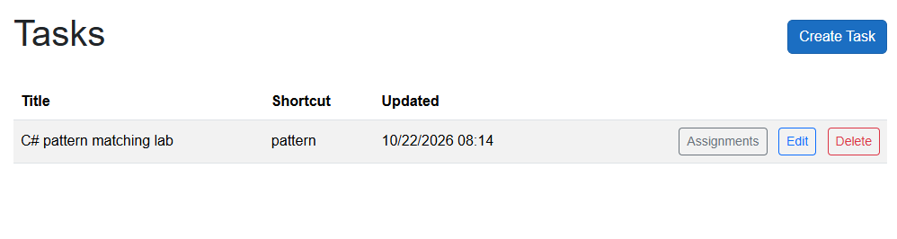 Tasks page listing the saved C# pattern matching lab.