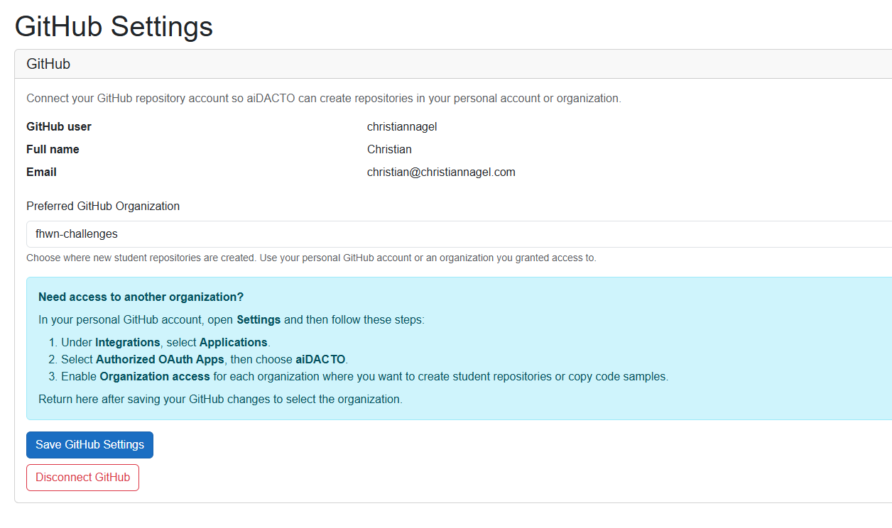 GitHub settings showing the preferred GitHub organization selected for creating student repositories.