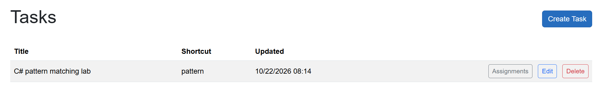 Tasks page showing the Assignments button for the C# pattern matching lab.