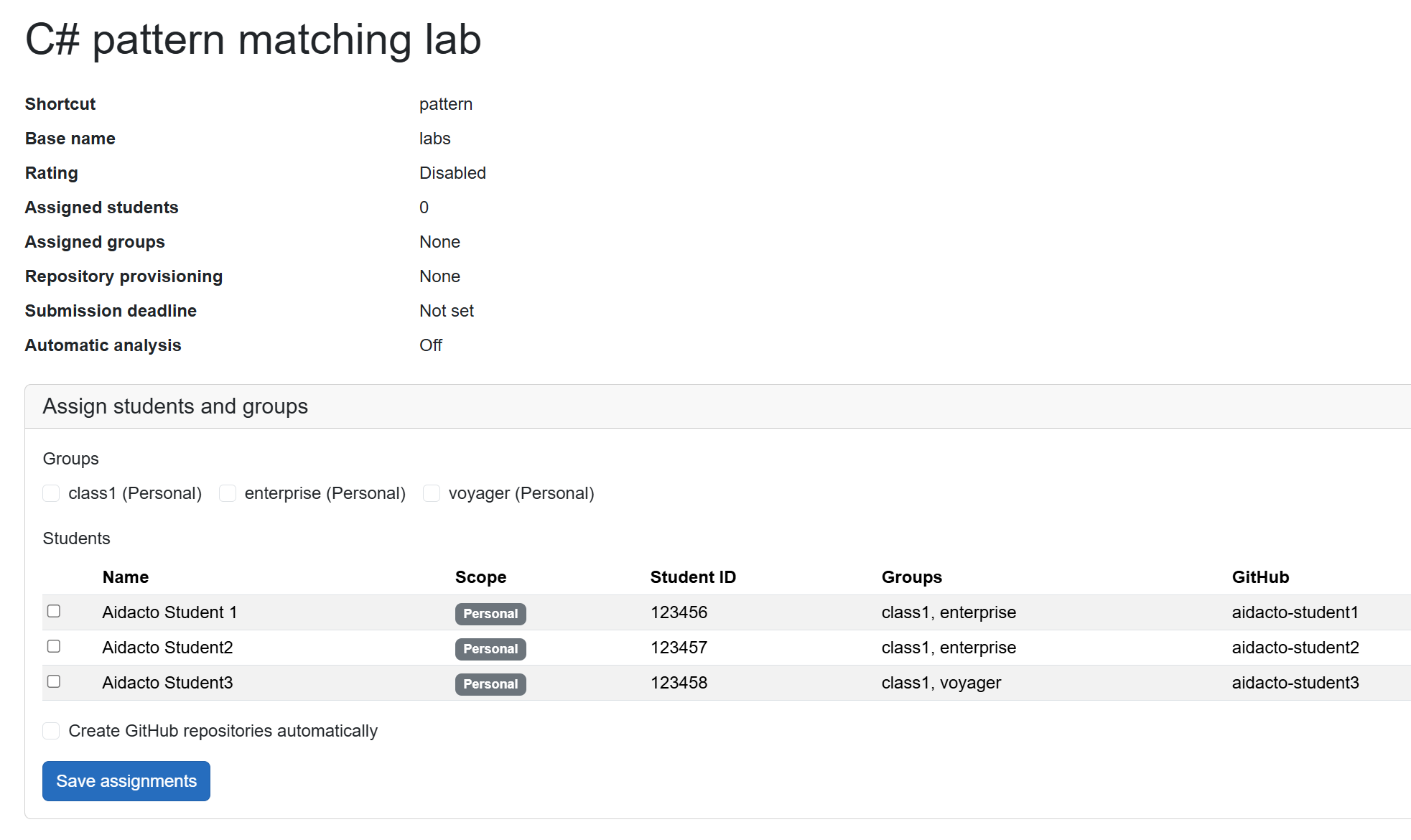 Assignment page showing task information and controls to assign groups or students.