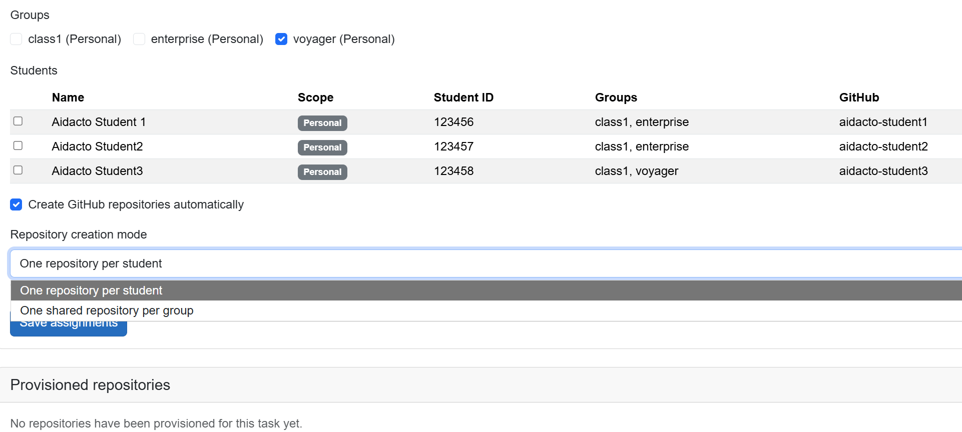 Assignment page with a group selected, automatic GitHub repository creation enabled, and the repository creation mode choices.