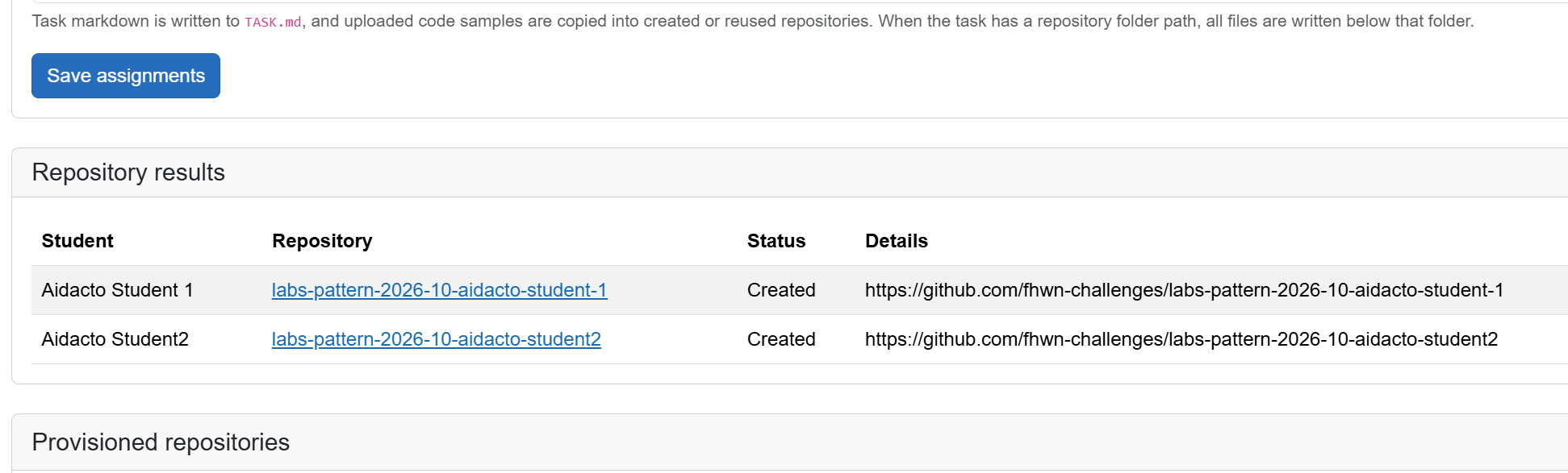 Assignment page showing created GitHub repository results and their links.