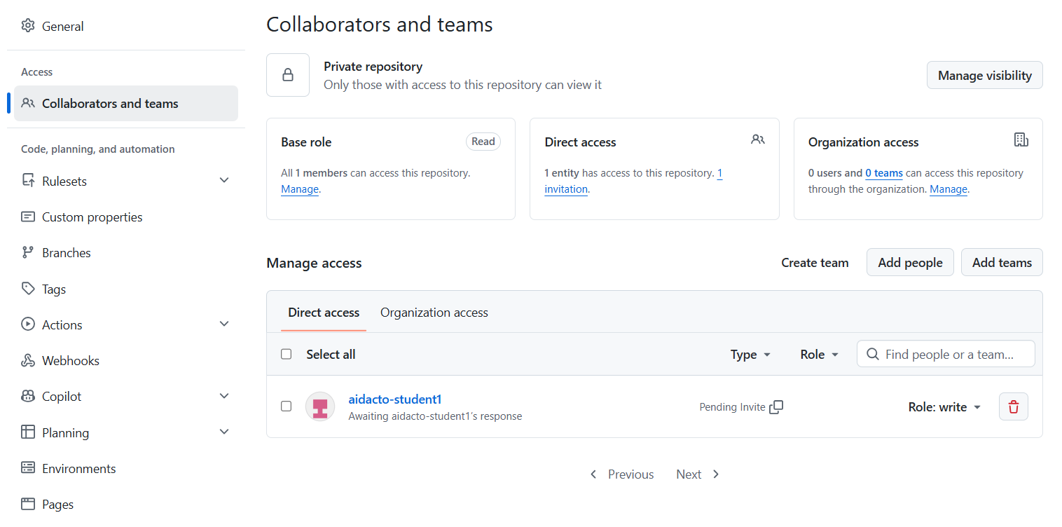 GitHub repository Collaborators and teams settings showing the assigned student with the write role.
