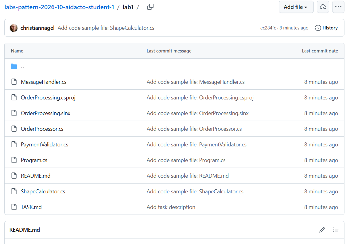 GitHub repository folder containing uploaded sample code and TASK.md.