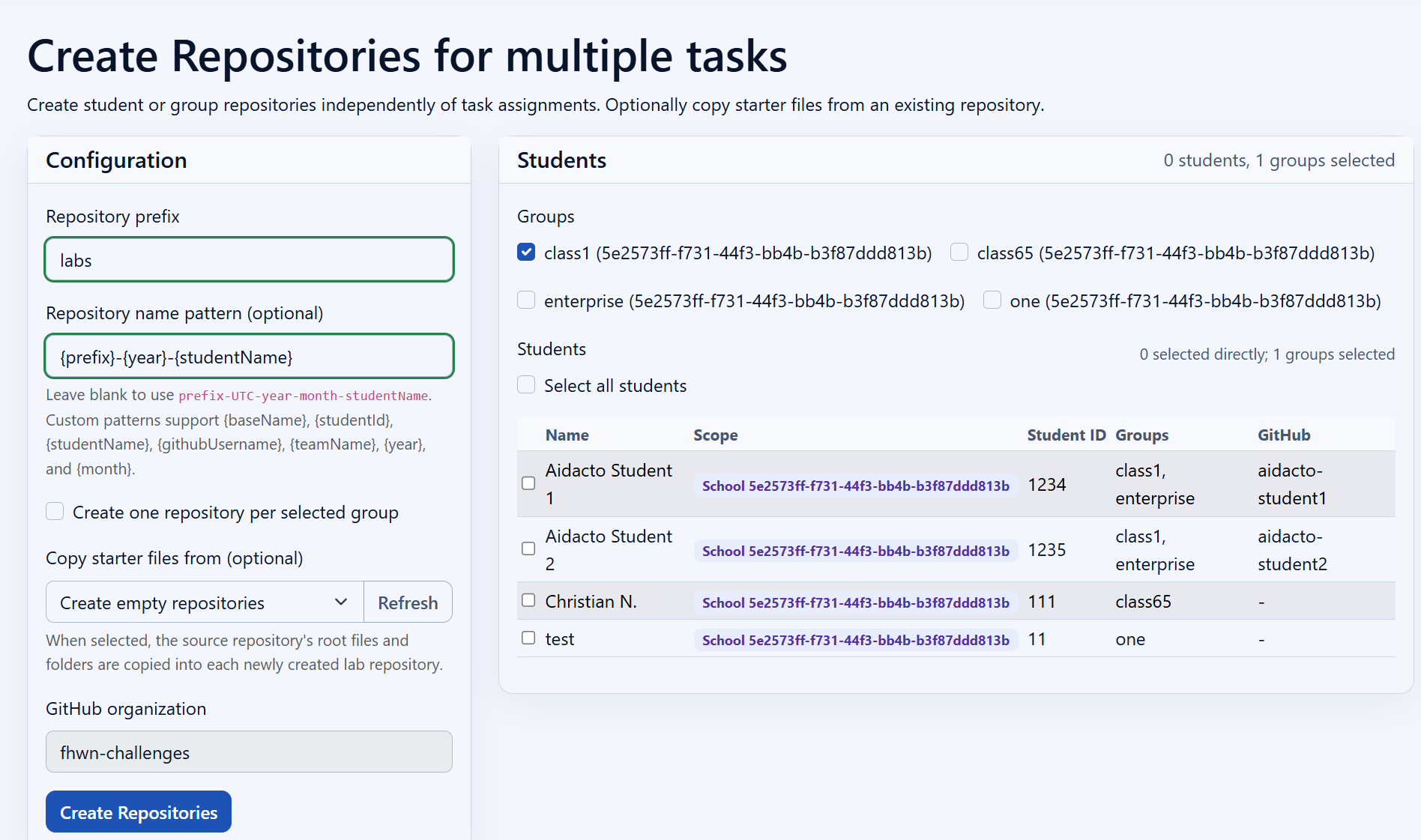 Repositories page for creating student repositories independently of task assignments.
