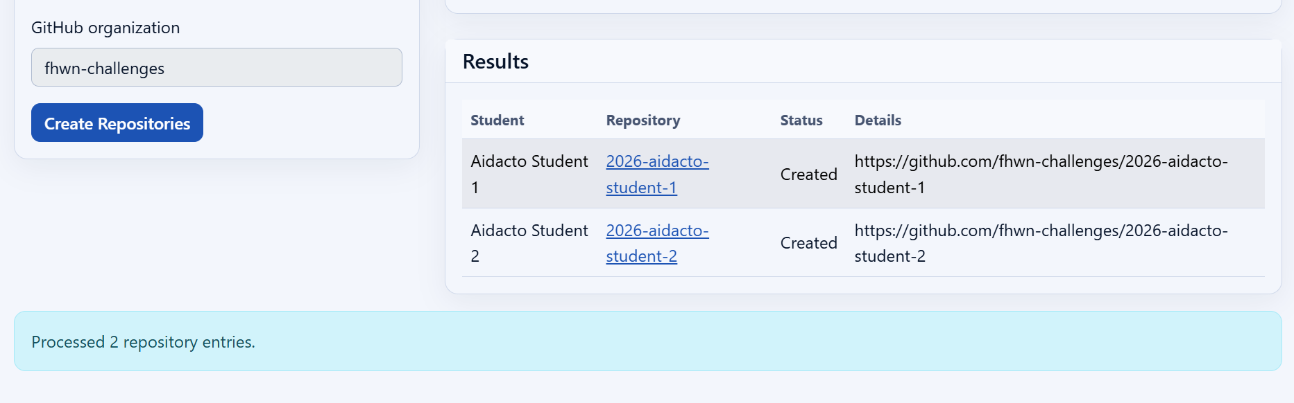 Repository configuration with prefix labs, the pattern {prefix}-{year}-{studentName}, individual student repositories, and empty repositories selected.