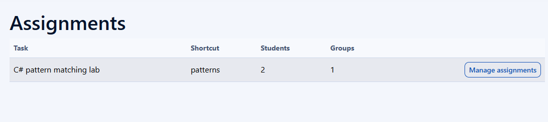 Assignments page with the Manage assignments action for a task.