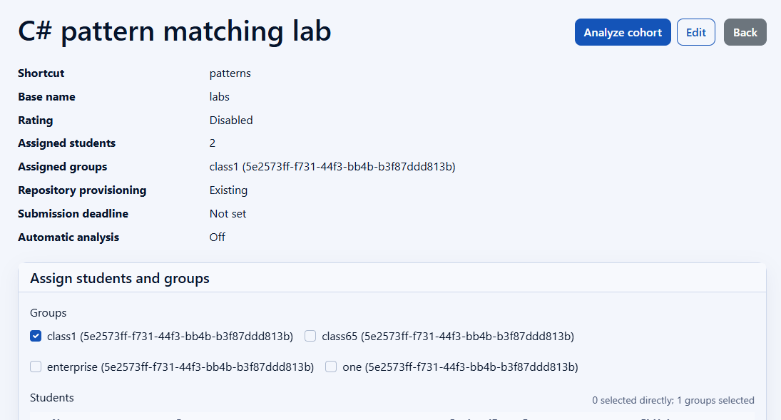 Task page showing assigned students and the Analyze cohort button.
