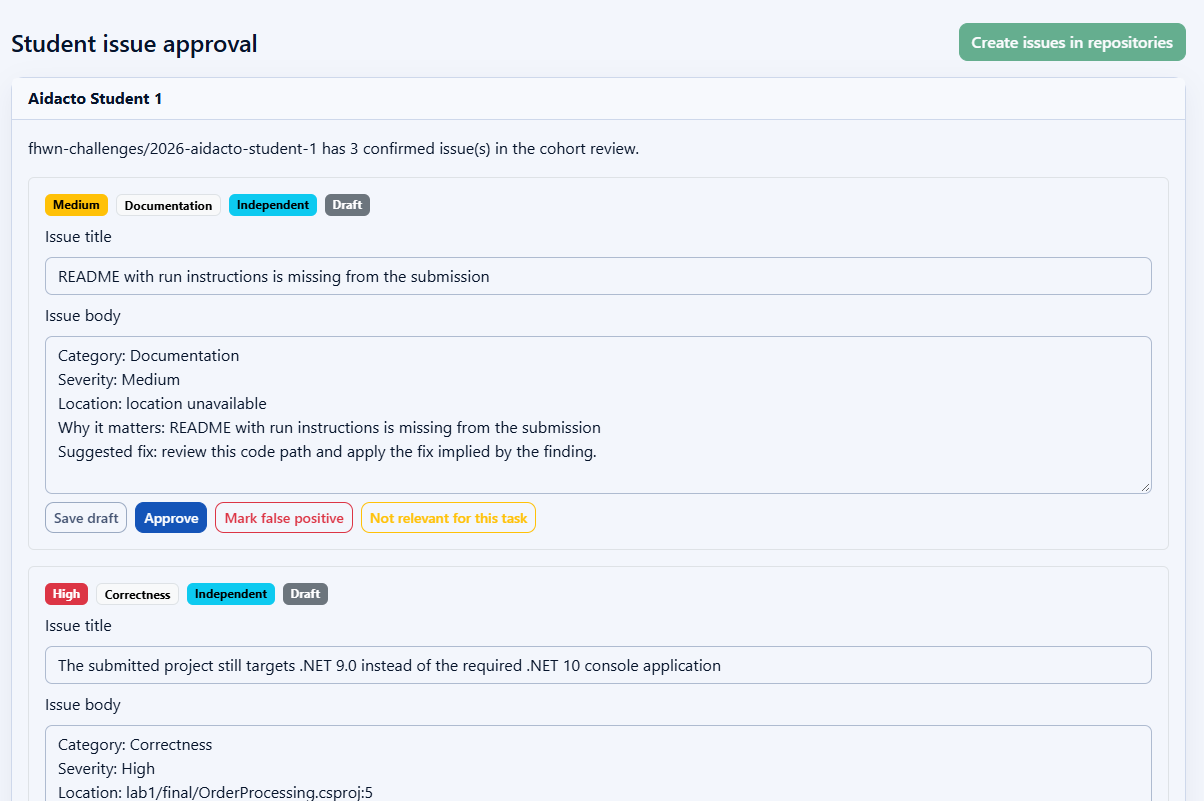 Student issue approval with editable issue details and actions to save a draft, approve, mark a false positive, or mark a finding as not relevant for the task.