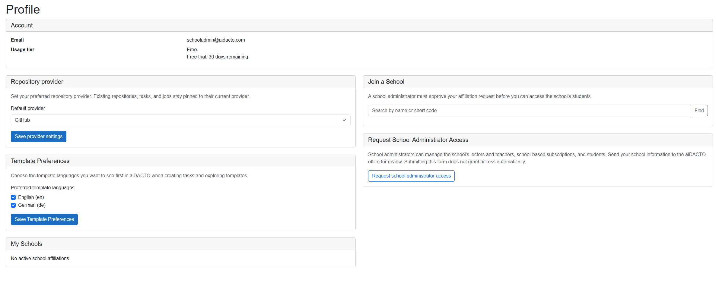 Profile page showing account details, preferences, school options, and the Request school administrator access button with the form hidden.