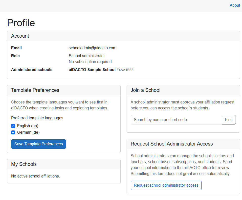 Profile page showing the School administrator role and the administered school, alongside template preferences and school options; no Git repository connections are shown.
