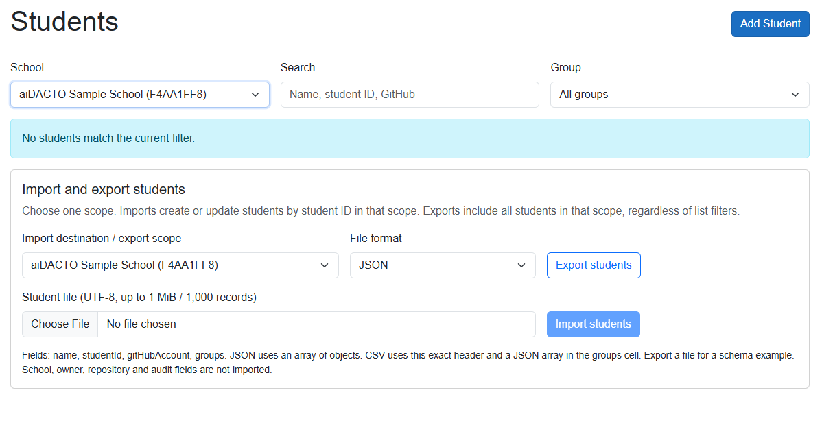 School administrator Students page showing the selected school, Add Student button, and JSON or CSV import and export controls.