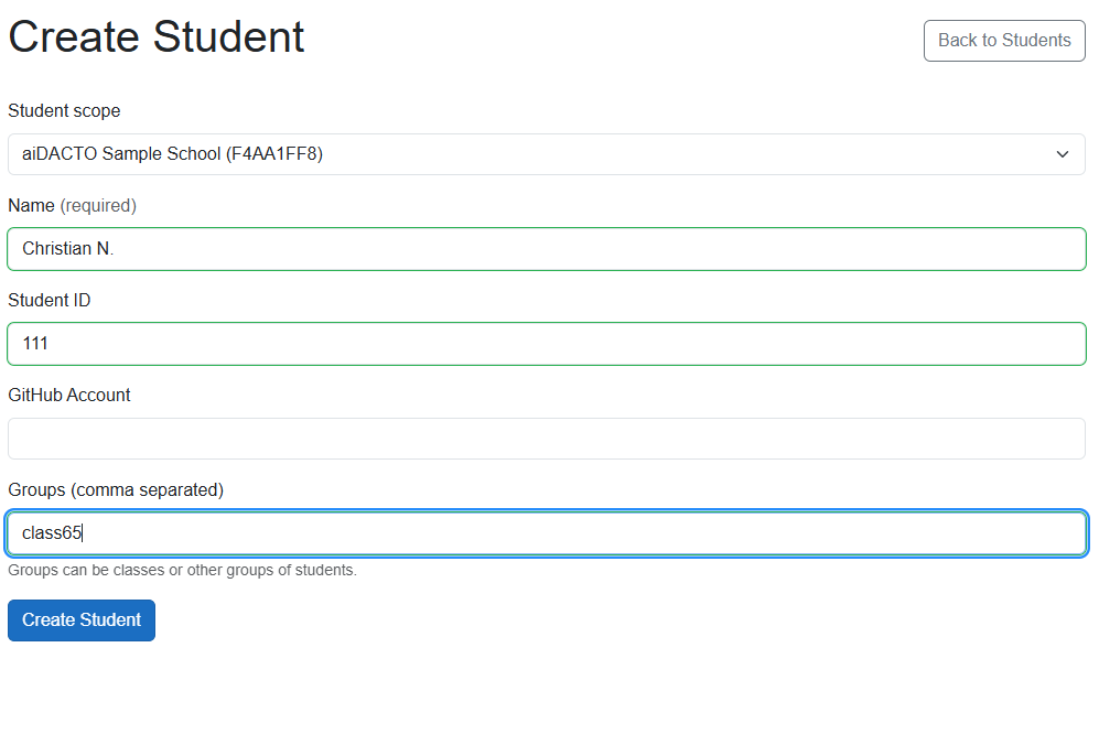 Create Student form with school scope, name, student ID, GitHub account, and groups fields.