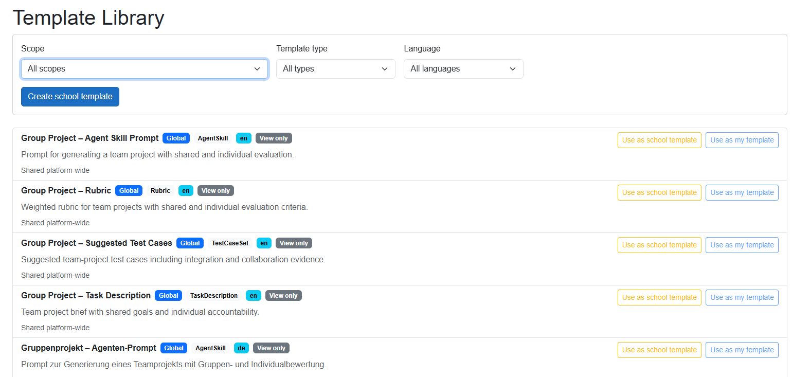 Template Library listing global templates and the Use as school template action.