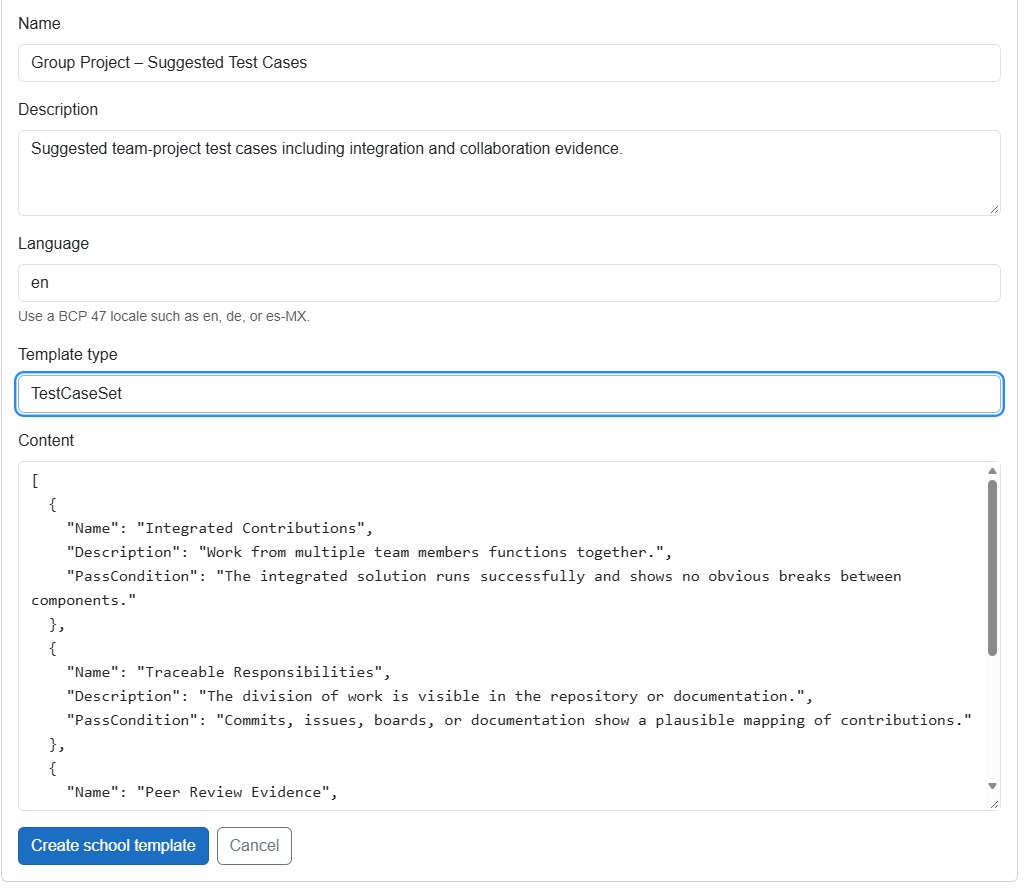School template editor showing editable template fields and the Create school template button.