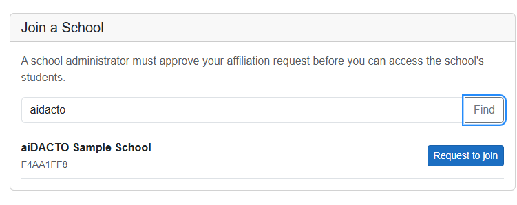 Lector Profile page showing the Join a School search and a Request to join button for the school.