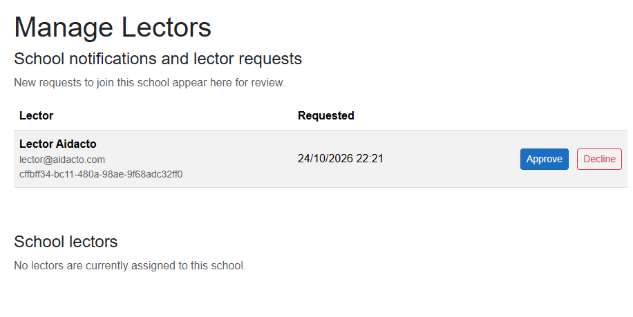 Manage Lectors page showing a pending lector request with Approve and Decline buttons.